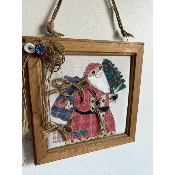 Country Cottagecore Santa Claus Christmas Wall Art Folk Art Decor Fabric Buttons - Picture 2 of 8